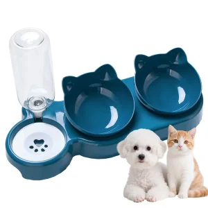 3-in-1 Pet Water and Food Feeder, Plastic Double Bowl Set with Automatic Water Bottle for Cats